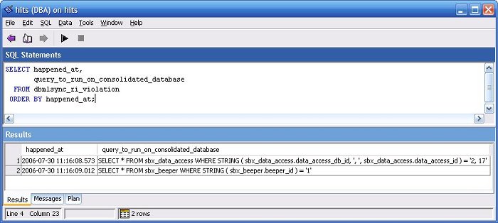 Figure 15: Using dbmlsync_ri_violation to investigate a problem